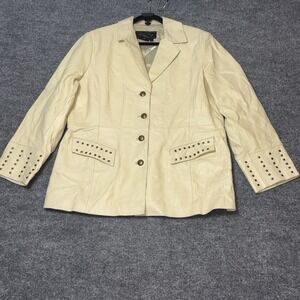 Terry Lewis Blazer Womens Large White Leather Studded Cuff Pockets Lined‎ Jacket